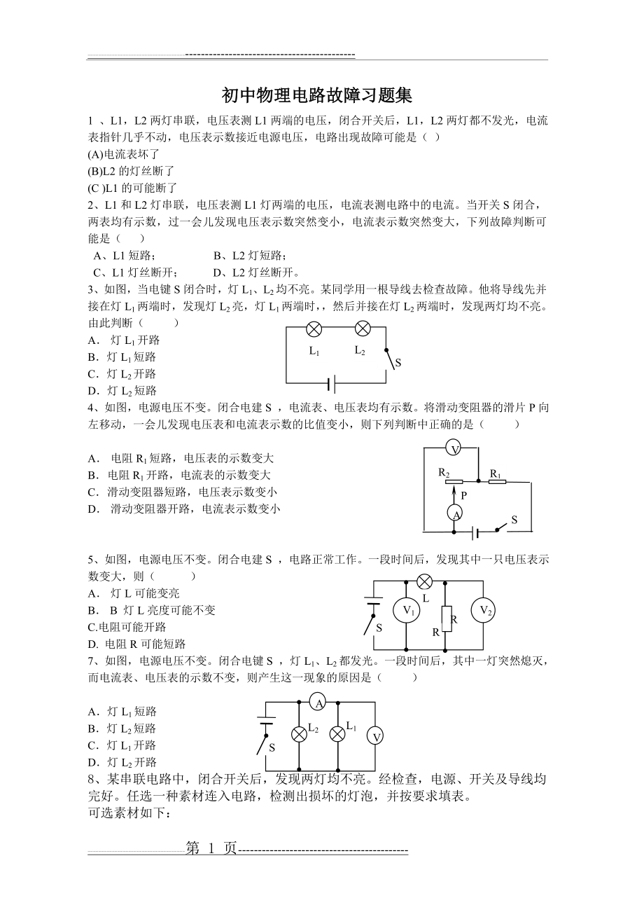 初中物理电路故障习题集(5页).doc_第1页