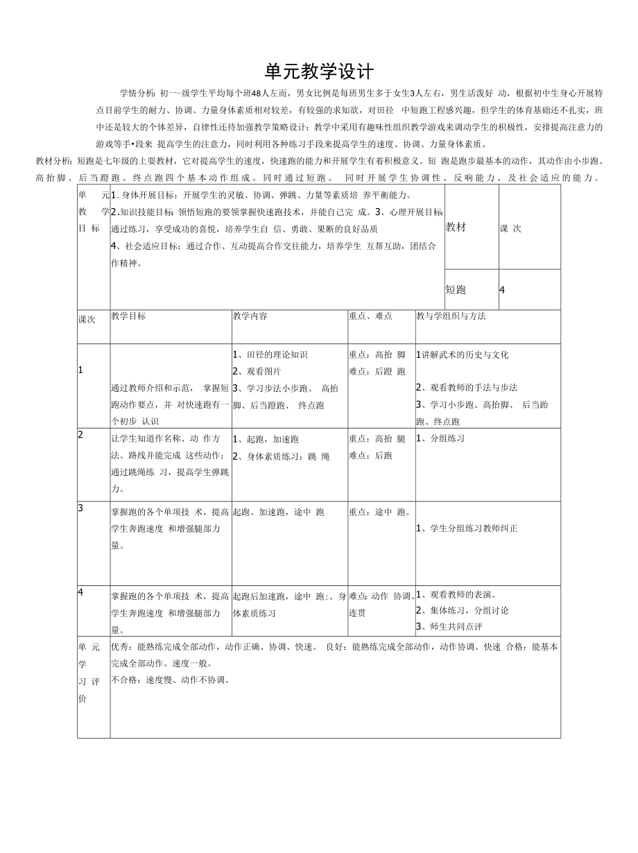 水平四（七年级）体育《短跑--快速跑》教学设计及单元教学计划.docx_第1页