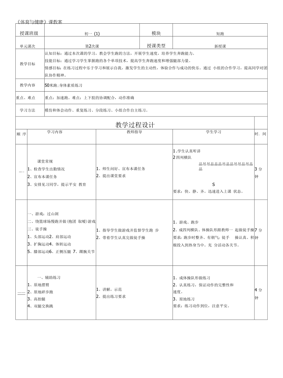 水平四（七年级）体育《短跑--快速跑》教学设计及单元教学计划.docx_第2页