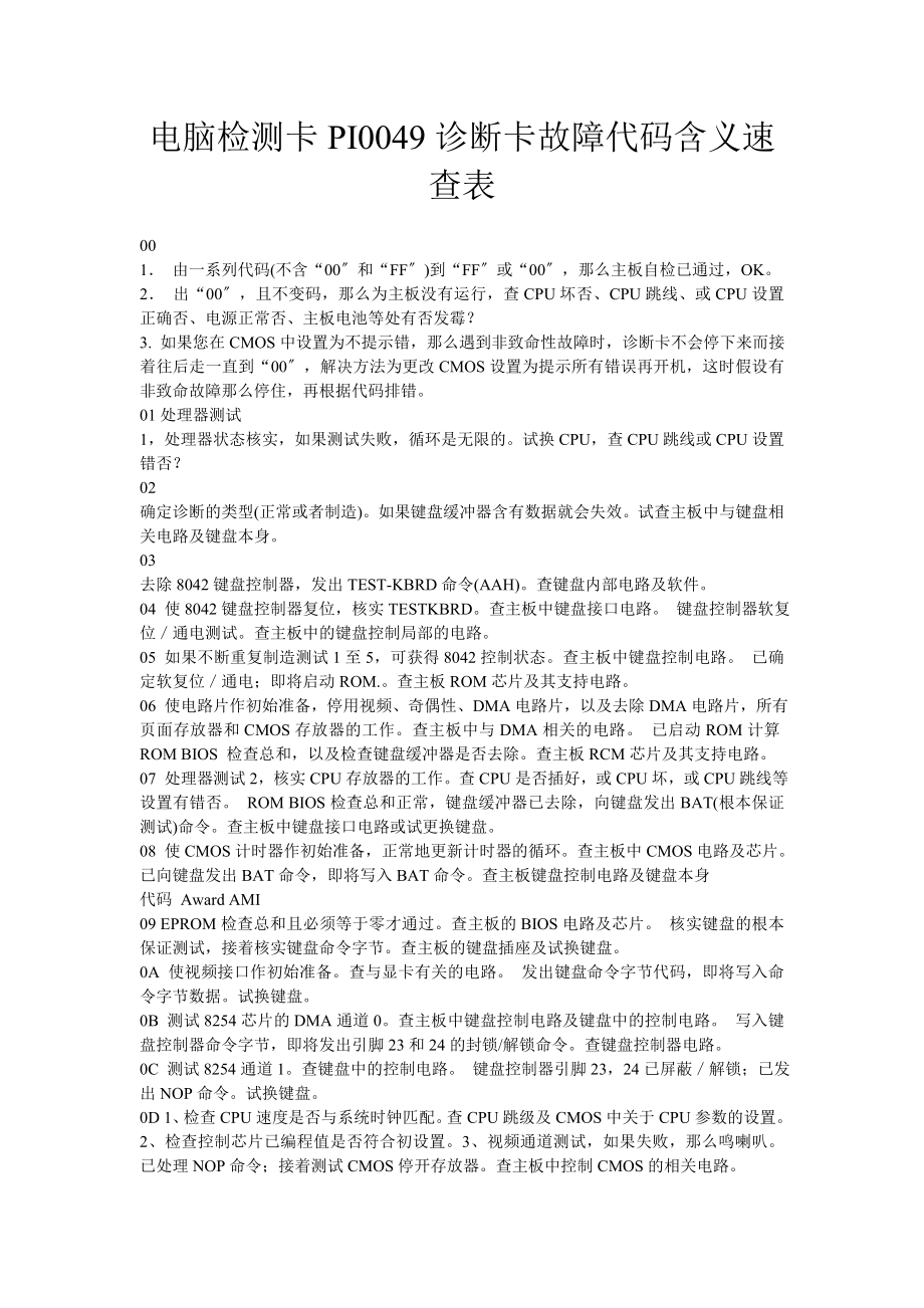 电脑检测卡PI0049诊断卡故障代码含义速查表(1).doc_第1页