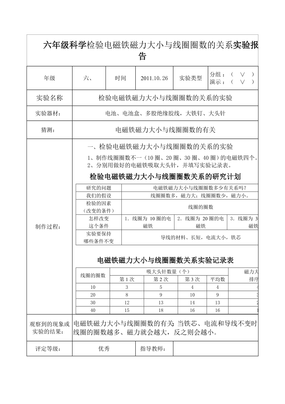 六年级科学检验电磁铁磁力大小与线圈圈数的关系实验报告.doc_第1页