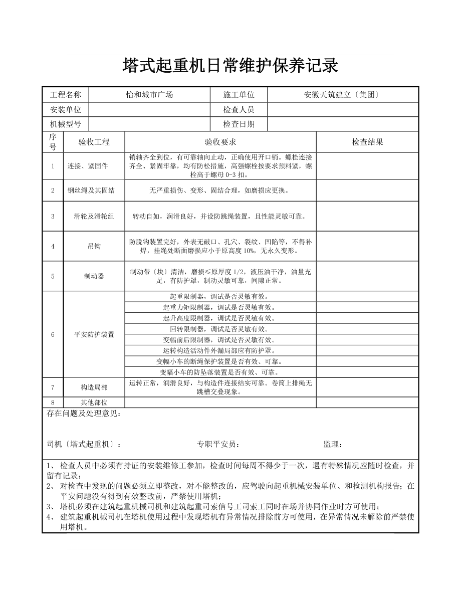 塔吊日常检查保养记录表2.doc_第1页