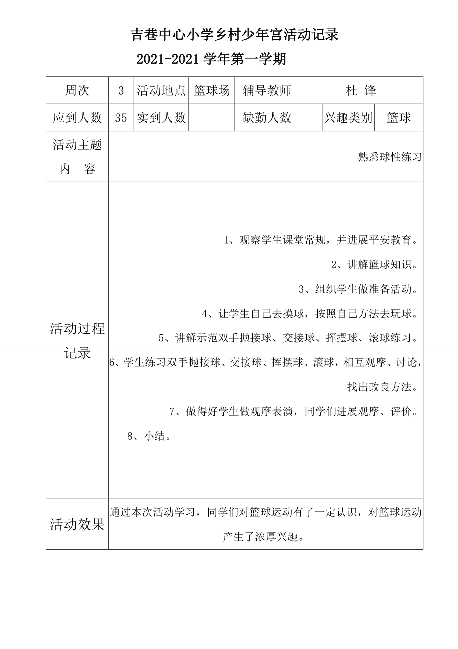 篮球吉巷中心小学乡村少年宫活动记录.doc_第1页