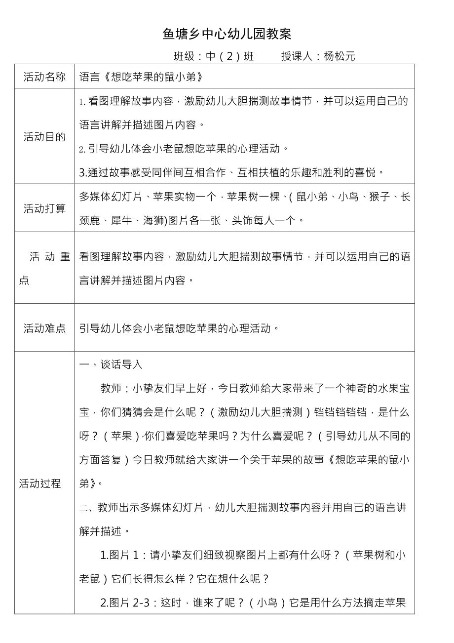 优质课想吃苹果的鼠小弟教案表.docx_第1页