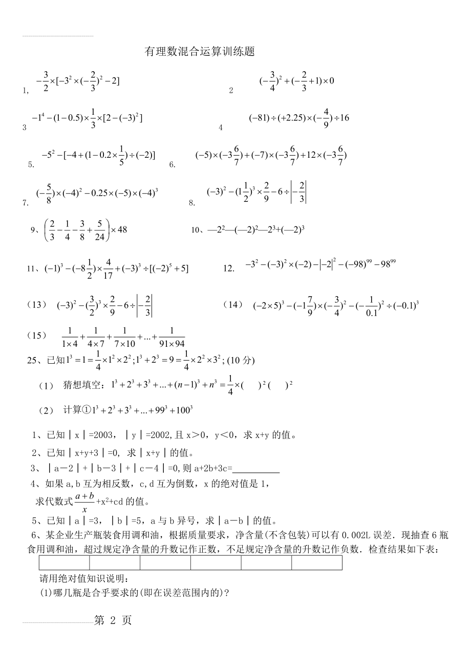 七年级有理数的混合运算及绝对值复习题(3页).doc_第2页