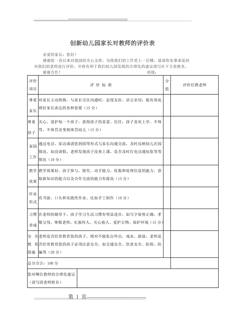 创新幼儿园家长对教师的评价表(2页).doc_第1页