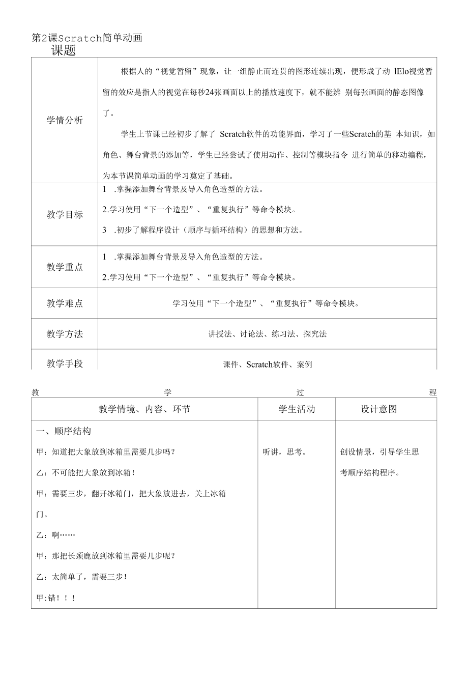 少儿编程scratch简单动画（教案）初中信息技术.docx_第1页