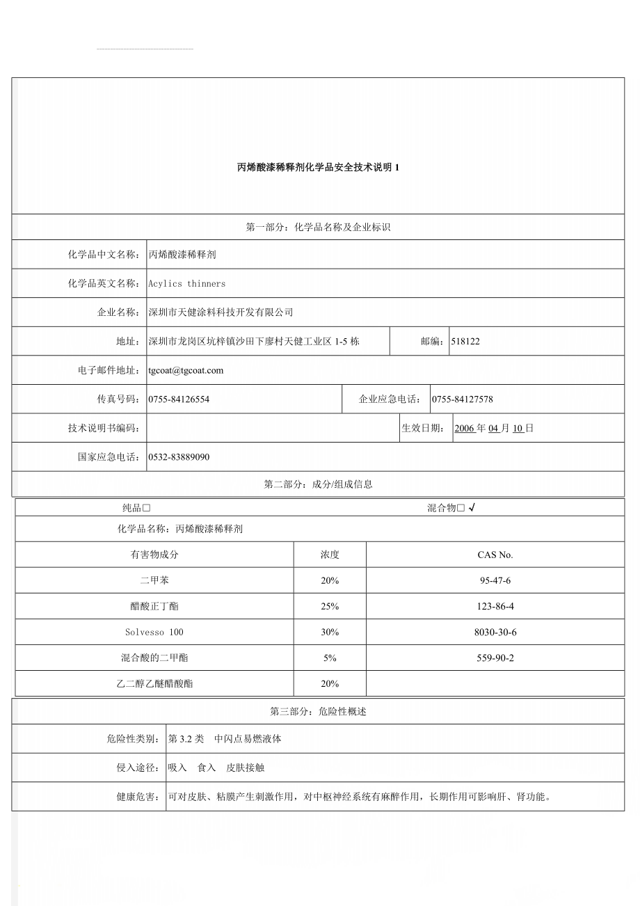 丙烯酸漆稀释剂化学品安全技术说明1(8页).doc_第1页