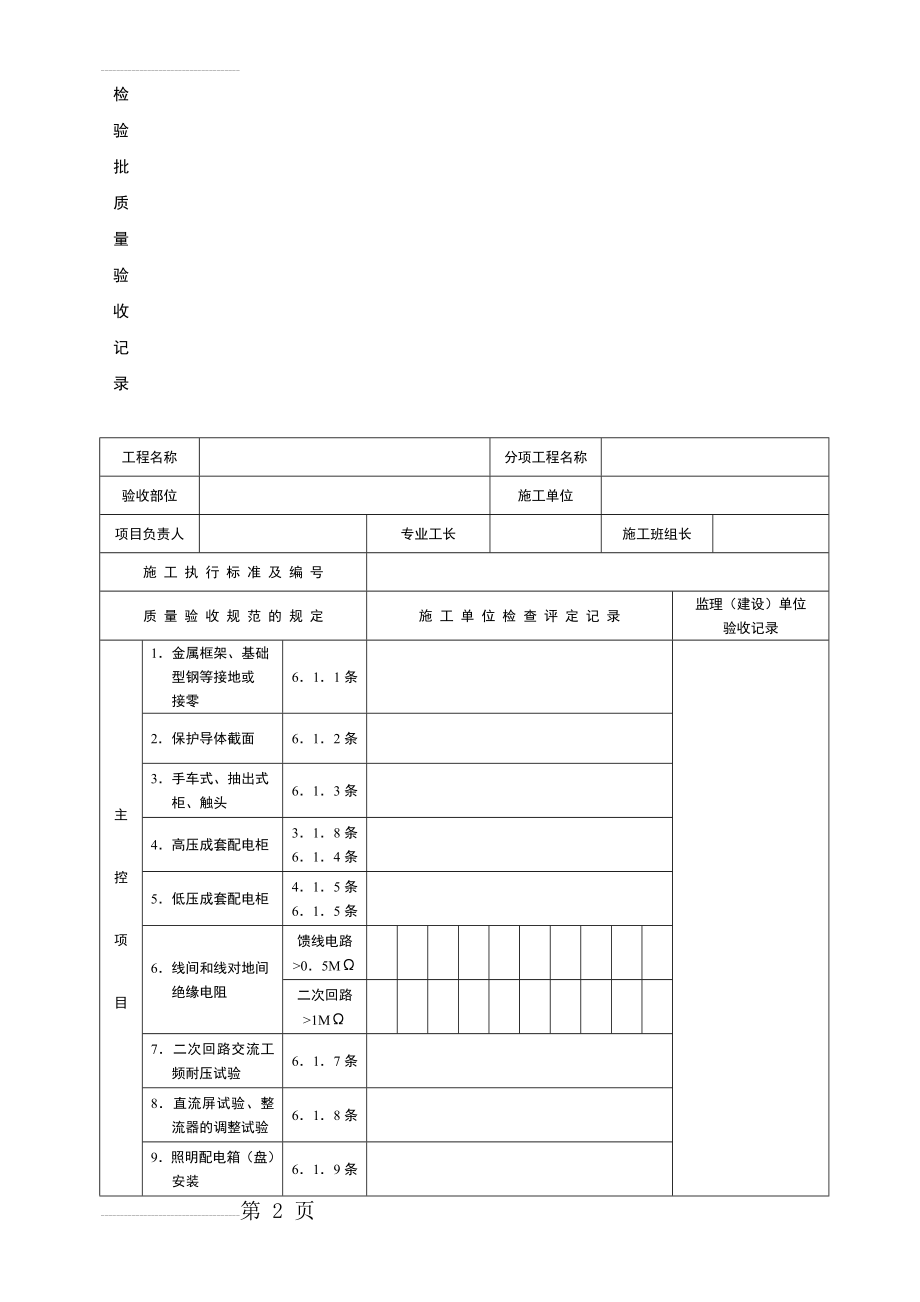 SG-A071成套配电柜、控制柜(屏、台)和动力照明配电箱(盘)安装分项工程检验批质量验收记录(5页).doc_第2页