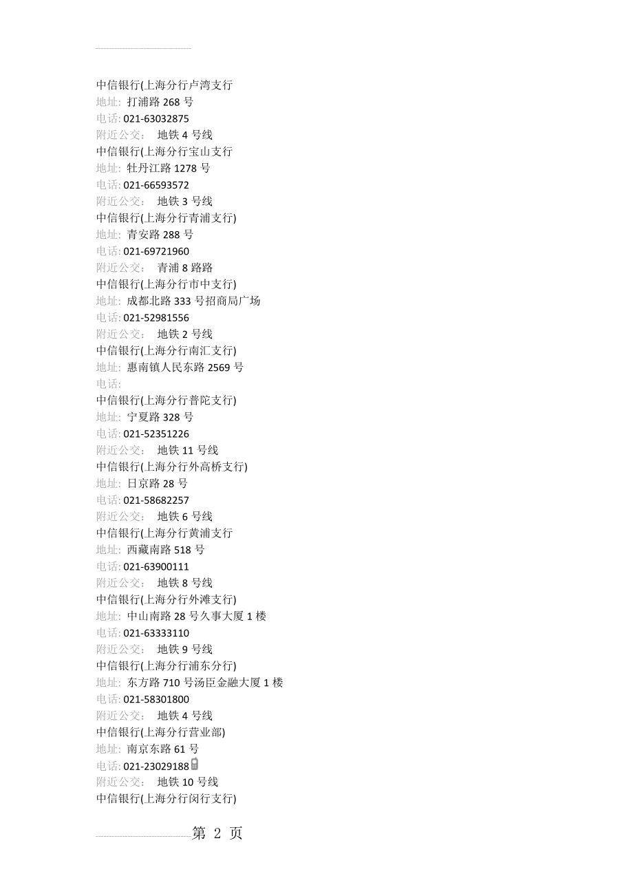 中信银行上海各网点、电话及周边公交(3页).doc_第2页