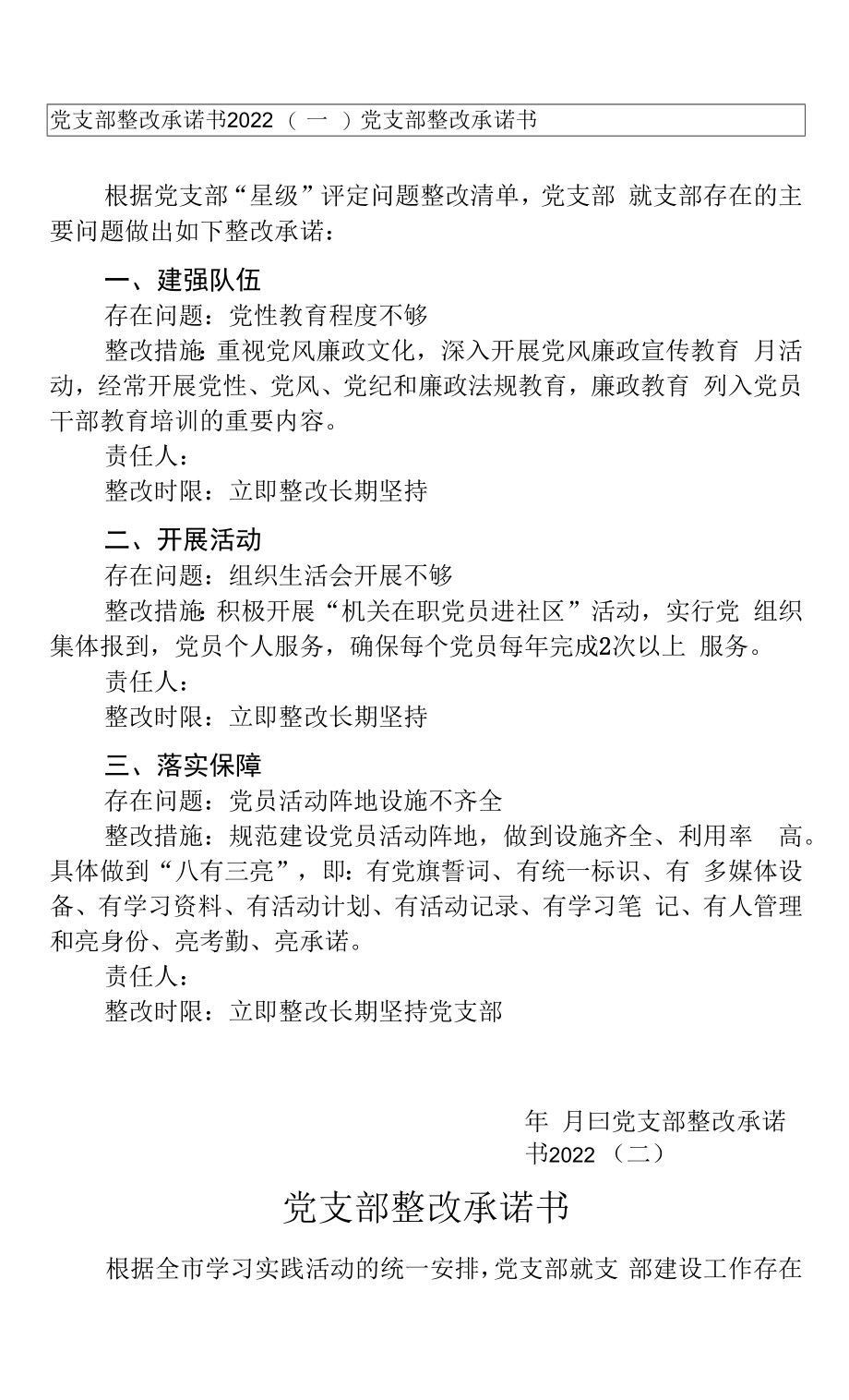 党支部整改承诺书2篇.docx_第1页