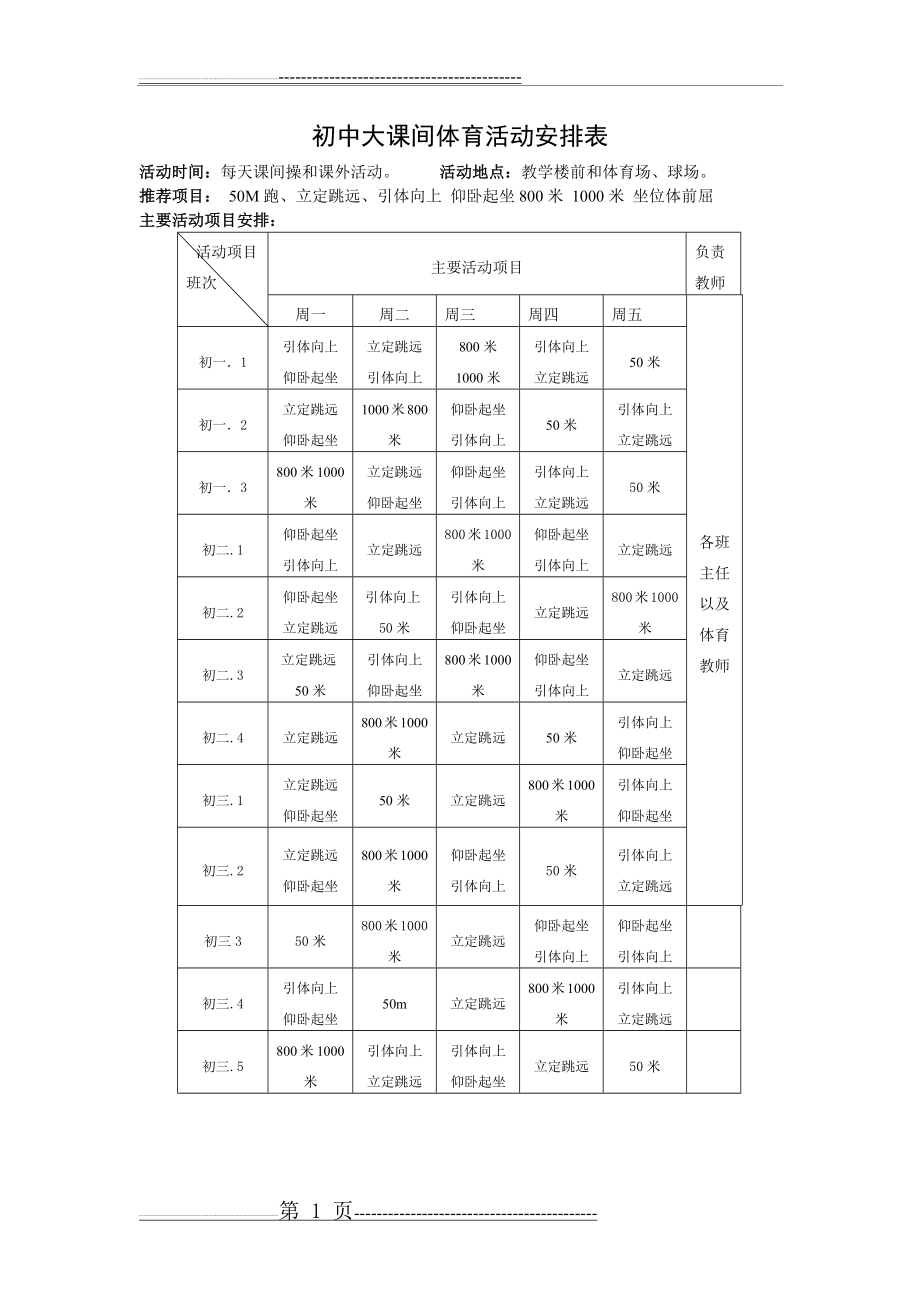 初中大课间体育活动安排表(2页).doc_第1页