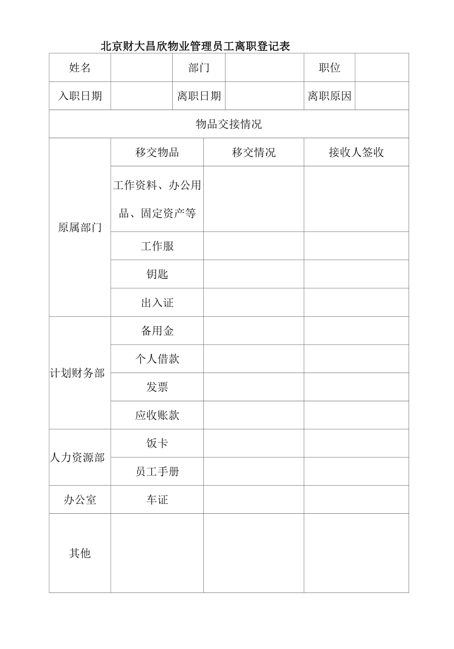 北京财大昌欣物业管理有限公司员工离职登记表(新).docx_第1页