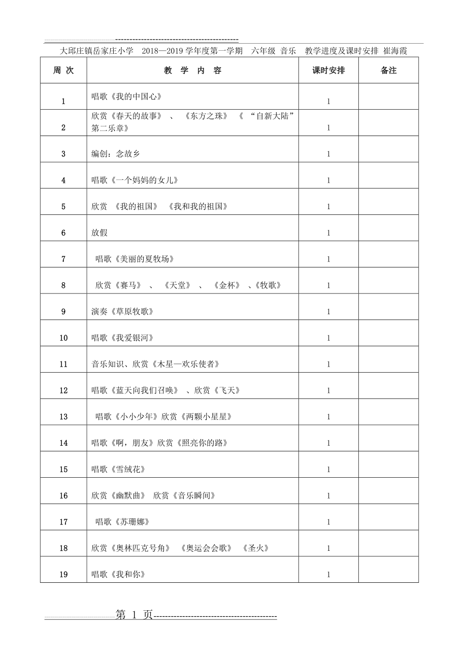 六年级音乐教学进度表上(2页).doc_第1页