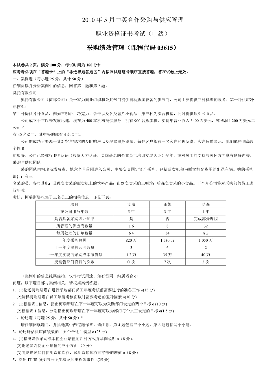 自考-中英合作采购与供应管理-CIPS-2010-5采购绩效管理试题及参考答案.doc_第1页