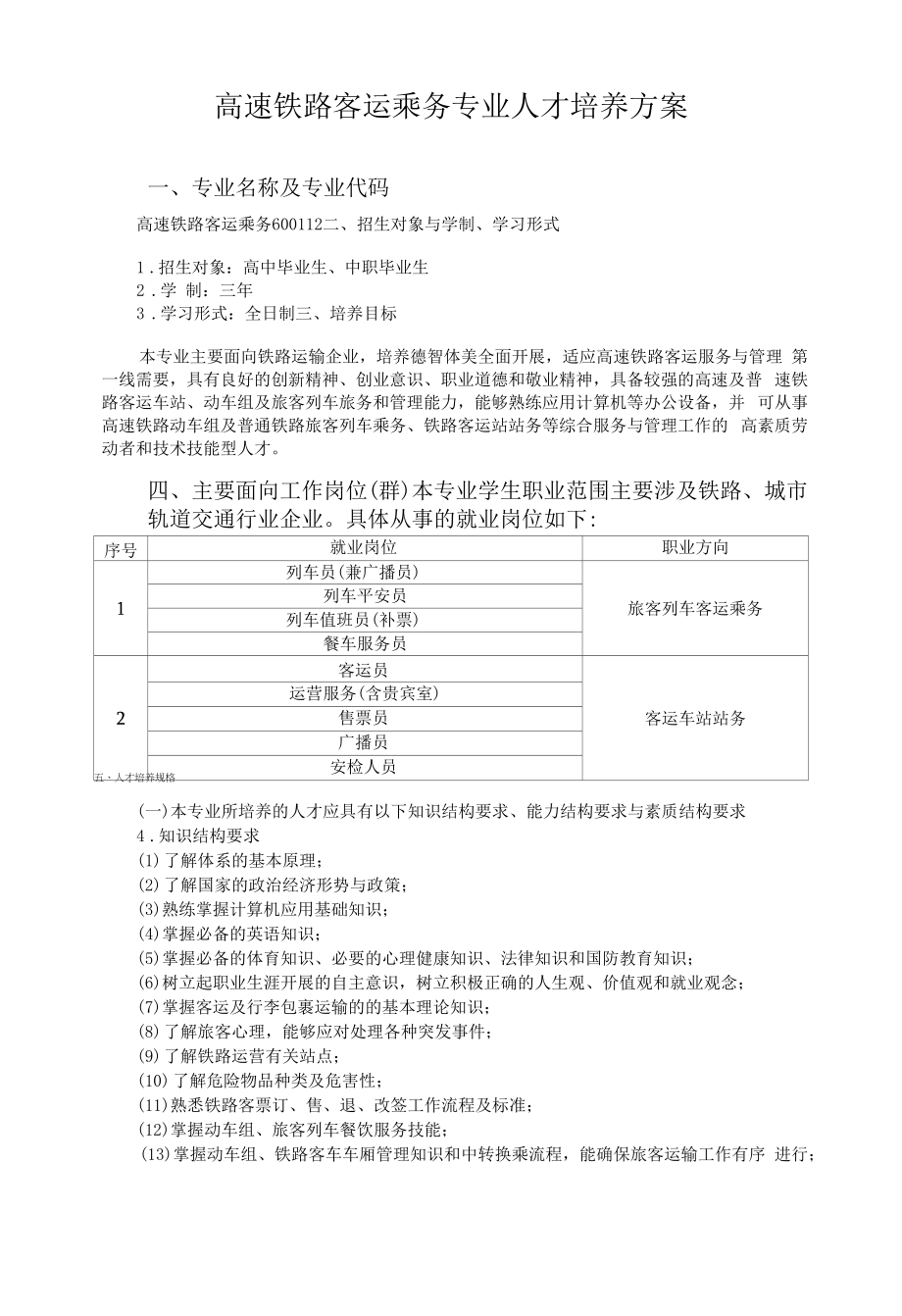 高速铁路客运乘务专业人才培养方案（高职）.docx_第1页