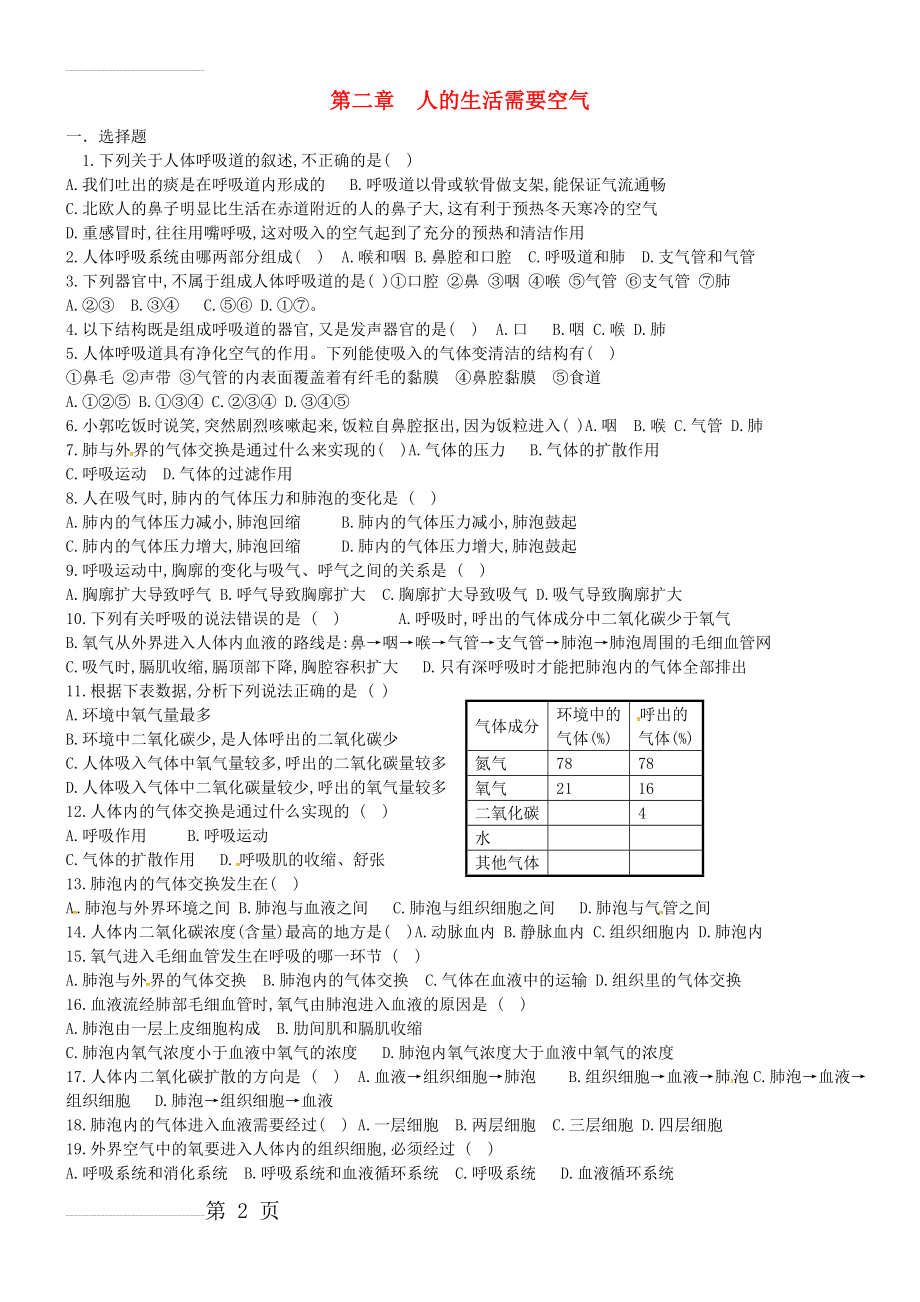 七年级生物下册第二章人的生活需要空气测试题(无答案)济南版(5页).doc_第2页