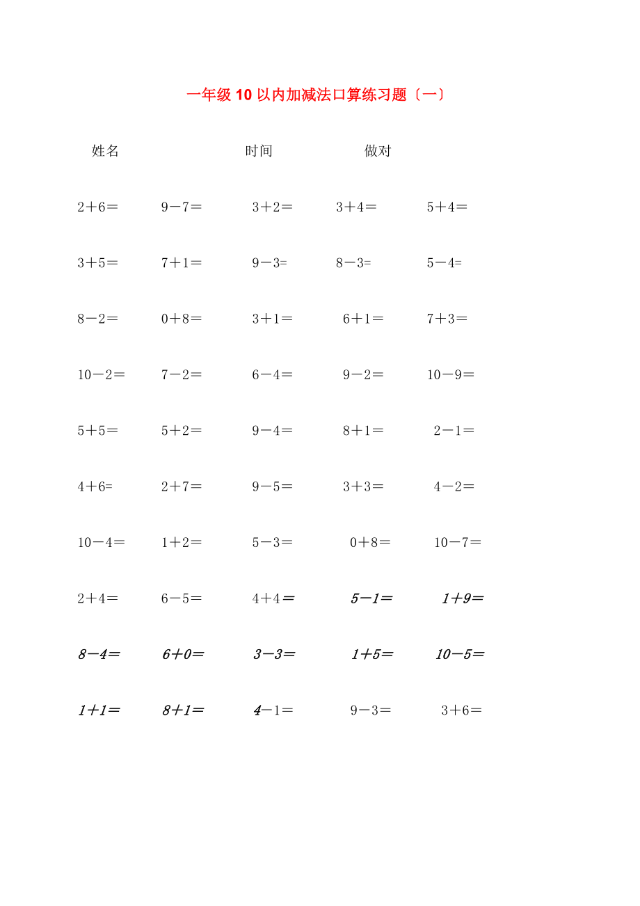 小学一年级数学10以内加减法练习题.doc_第1页