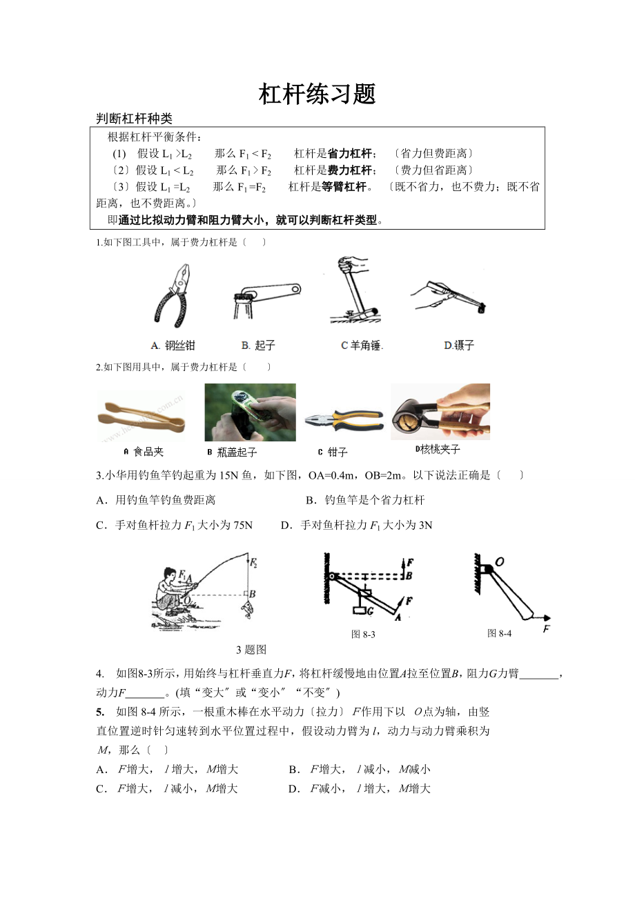 沪科版八年级物理杠杆的平衡条件练习题.doc_第1页