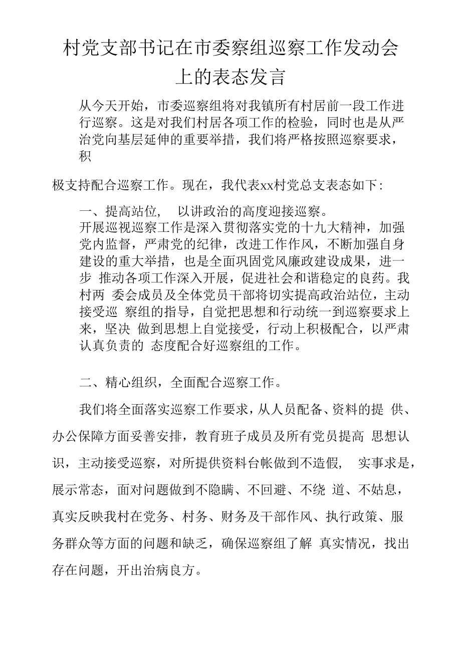 村党支部书记在市委察组巡察工作动员会上的表态发言.docx_第1页