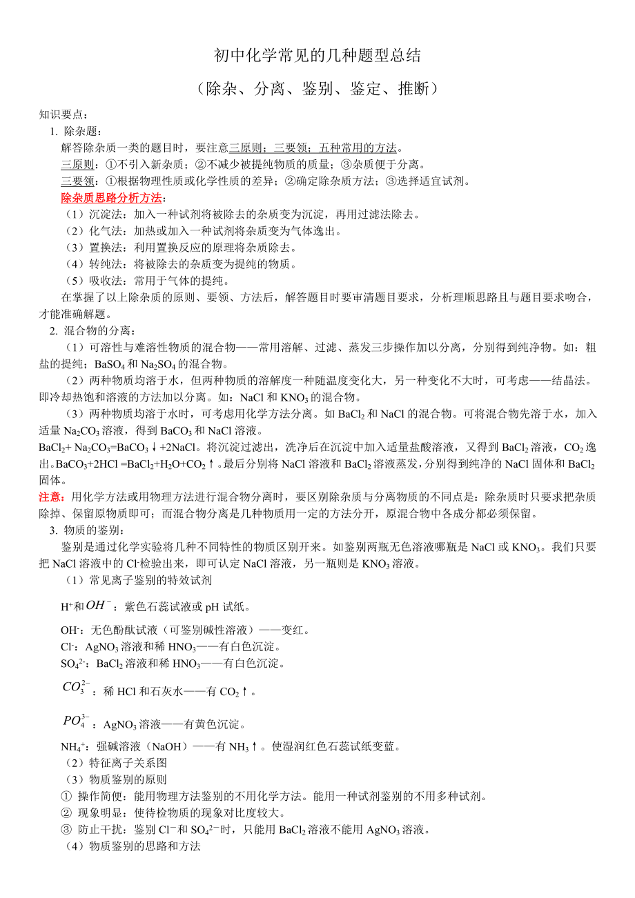 初中初中化学常见的几种题型总结除杂等2.docx_第1页