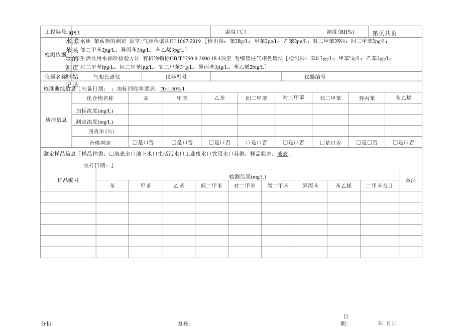 0-053 水质 苯系物的测定原始记录.docx_第1页