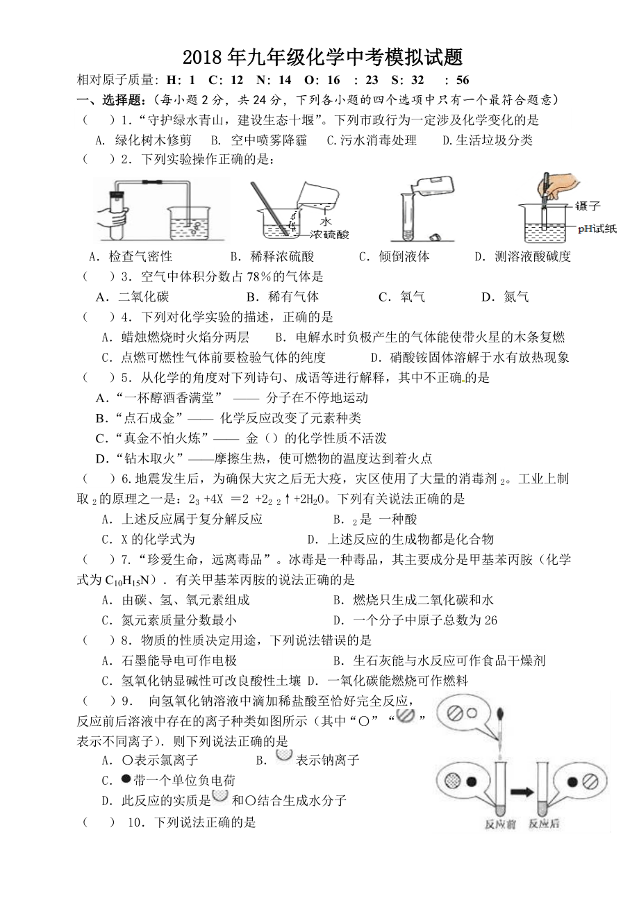 2018年九年级化学中考模拟试题.doc_第1页