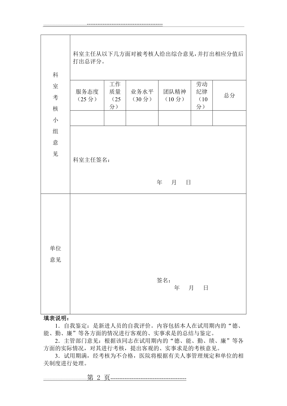 医院新进人员试用期考核鉴定表(2页).doc_第2页