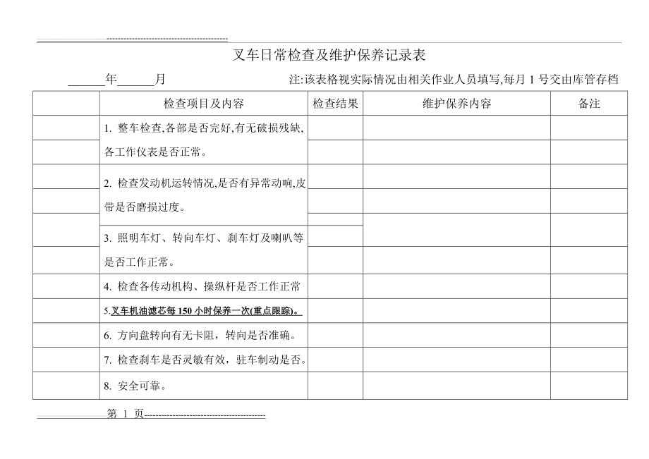 叉车日常检查及维护保养记录表(2页).doc_第1页