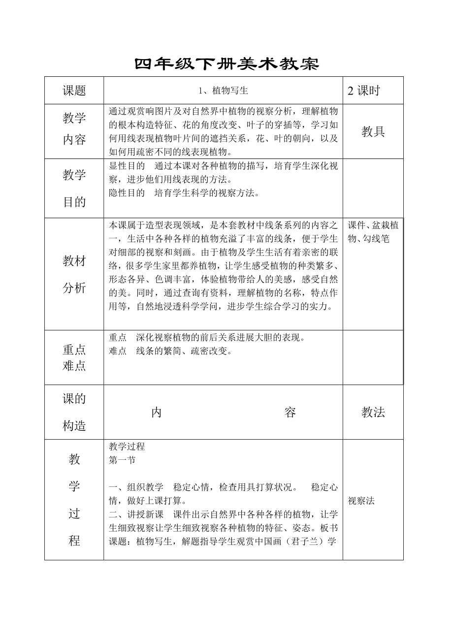 小学四年级人美版美术下册教案全集及教学设计2.docx_第1页