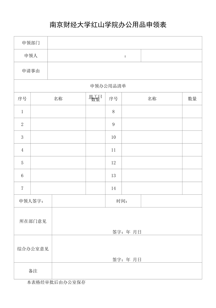 南京财经大学红山学院办公用品申领表.docx_第1页