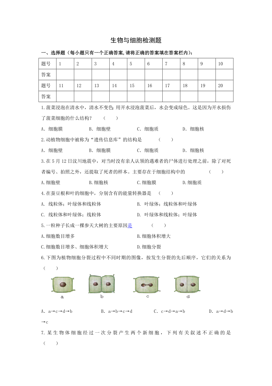 七年级生物生物与细胞练习题.doc_第1页