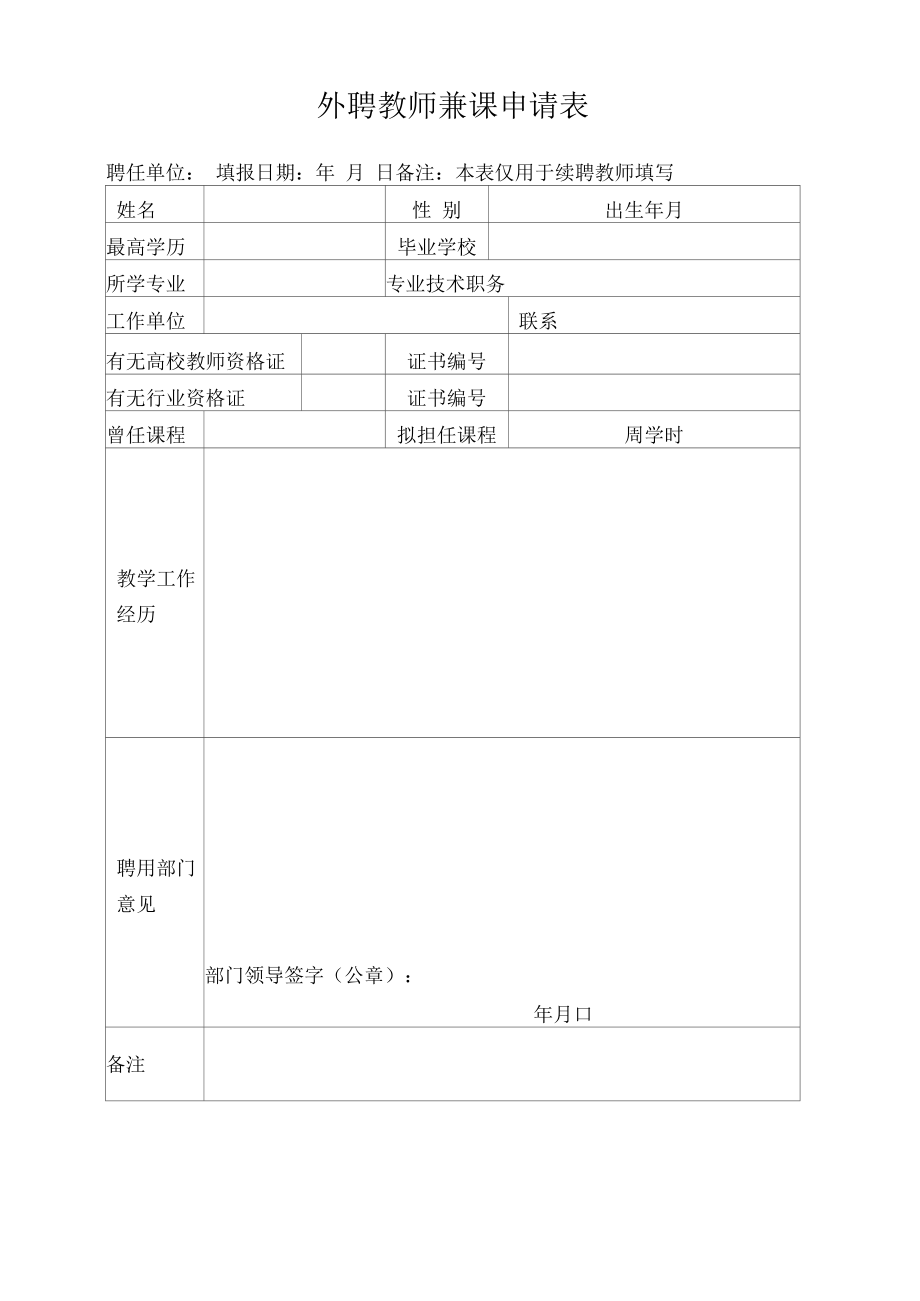 外聘教师兼课申请表（模板）.docx_第1页