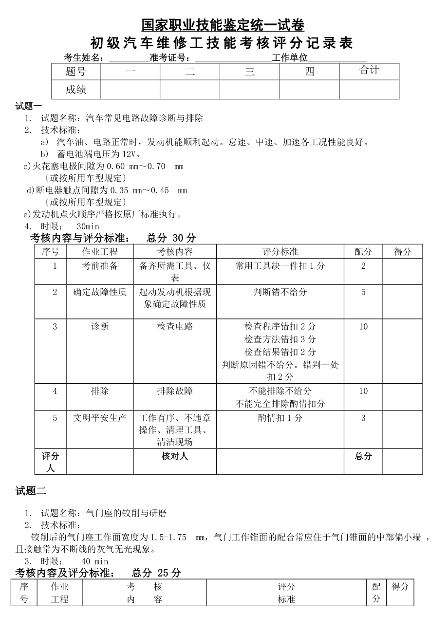 初级汽车维修工技能考核评分记录表.docx_第1页