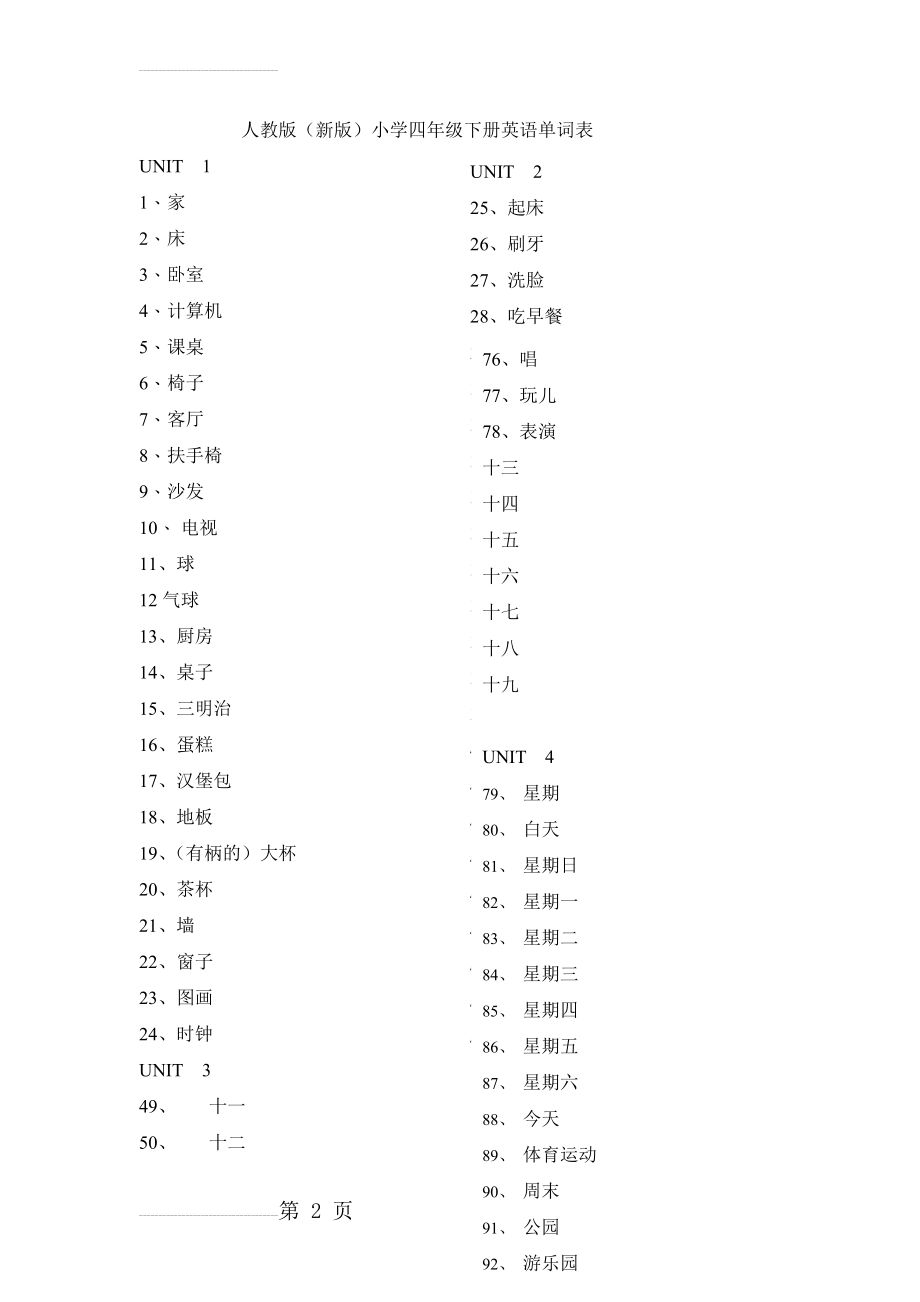 人教版小学四年级英语 下册单词表(4页).doc_第2页