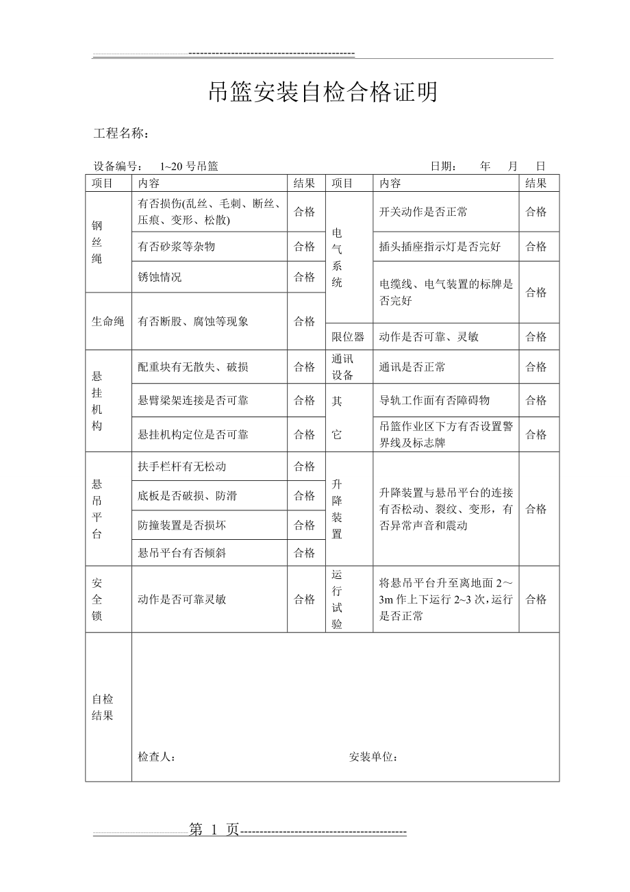 吊篮安装自检表(1页).doc_第1页