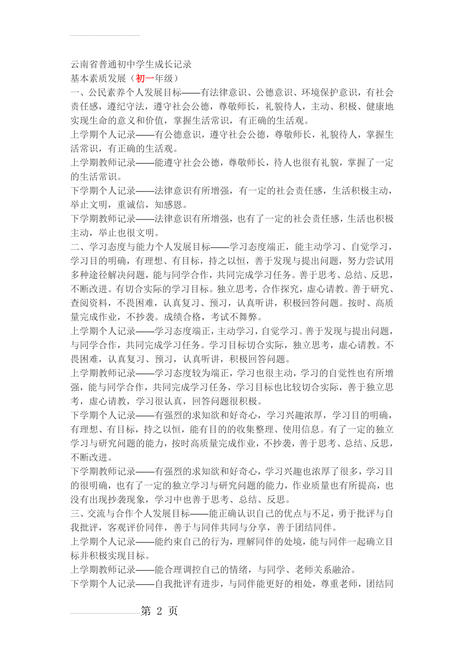 云南省普通初中学生成长记录-基本素质发展初一-初三(7页).doc_第2页