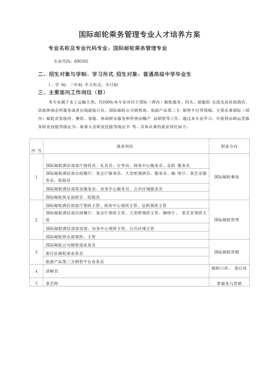 国际邮轮乘务管理专业人才培养方案（高职）.docx_第1页