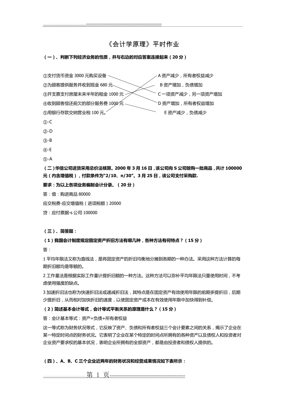 华南理工大学2020年春《会计学原理》平时作业答案(2页).doc_第1页