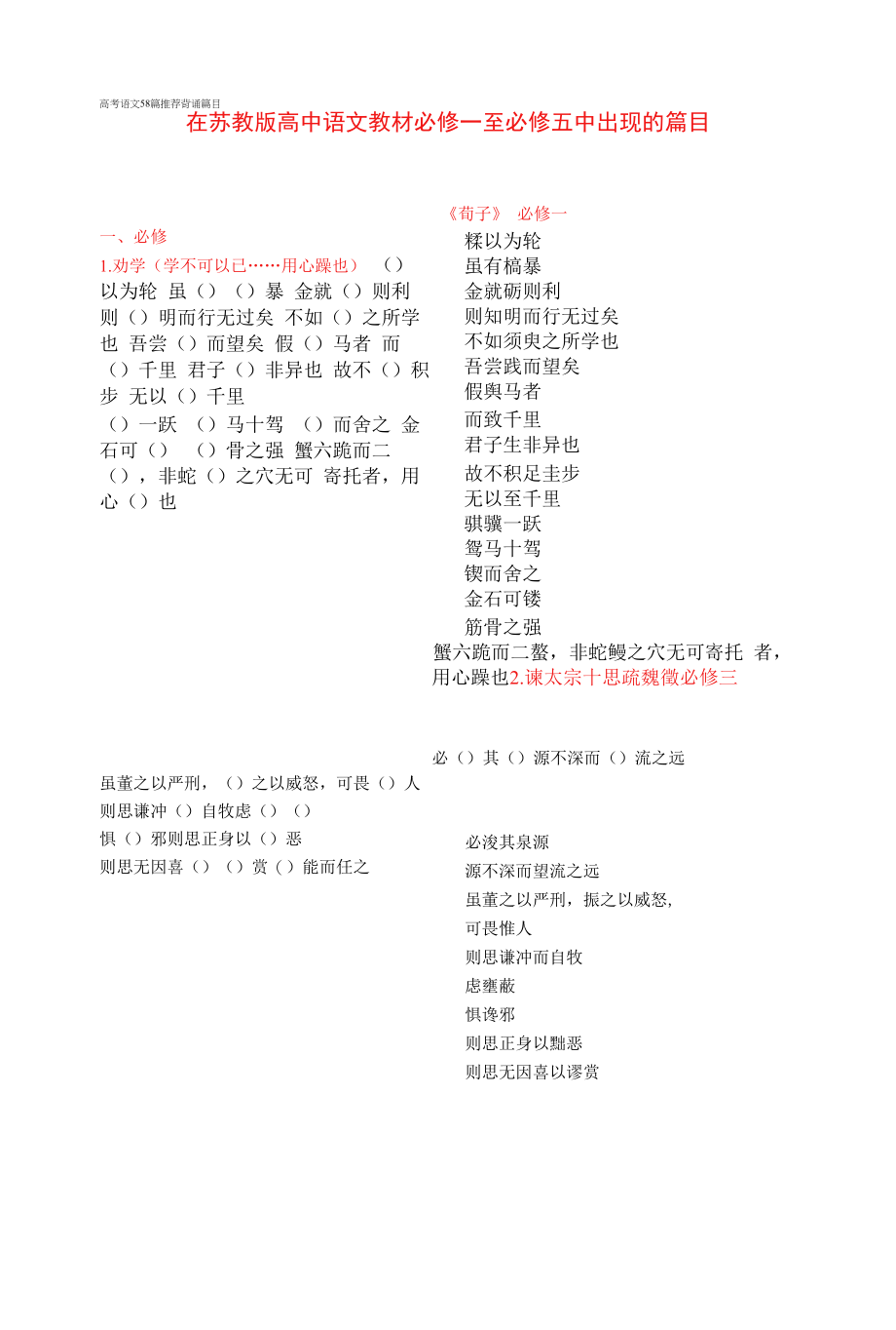 高考语文58篇推荐背诵篇目易错字.docx_第1页