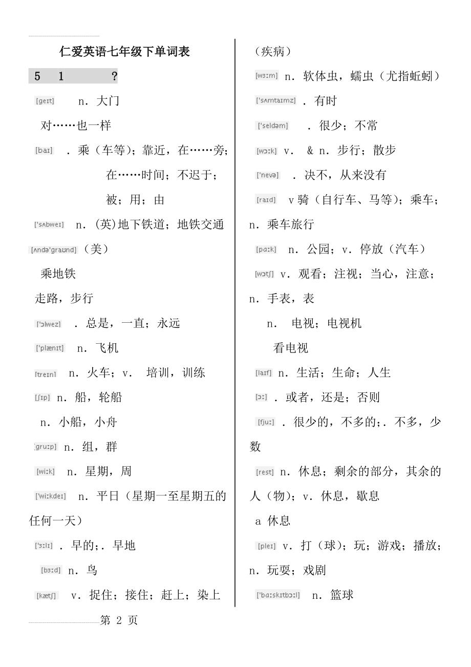 仁爱英语七年级下册单词表(16页).doc_第2页