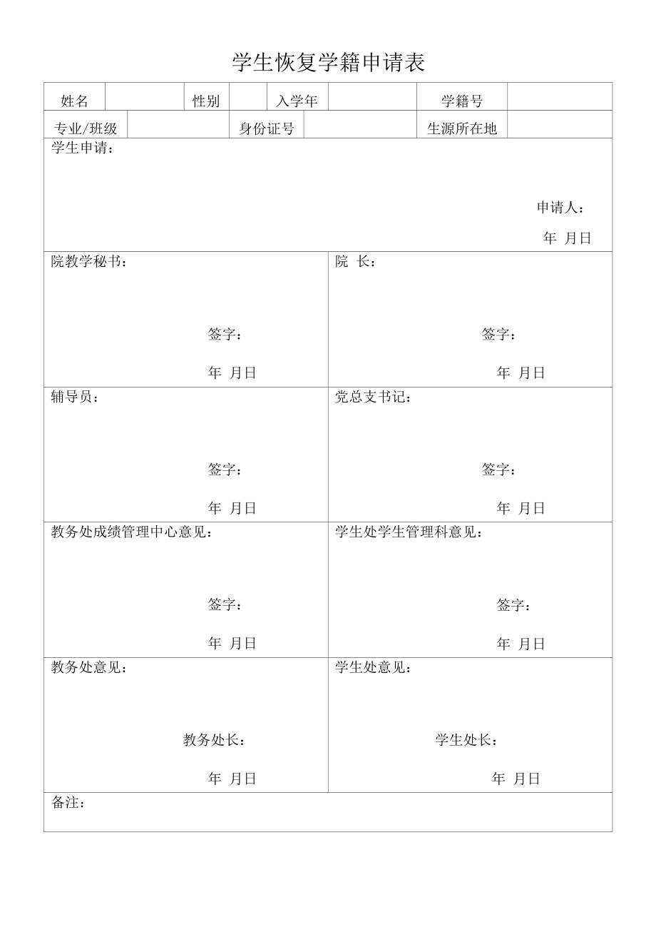 学生恢复学籍申请表（模板）.docx_第1页