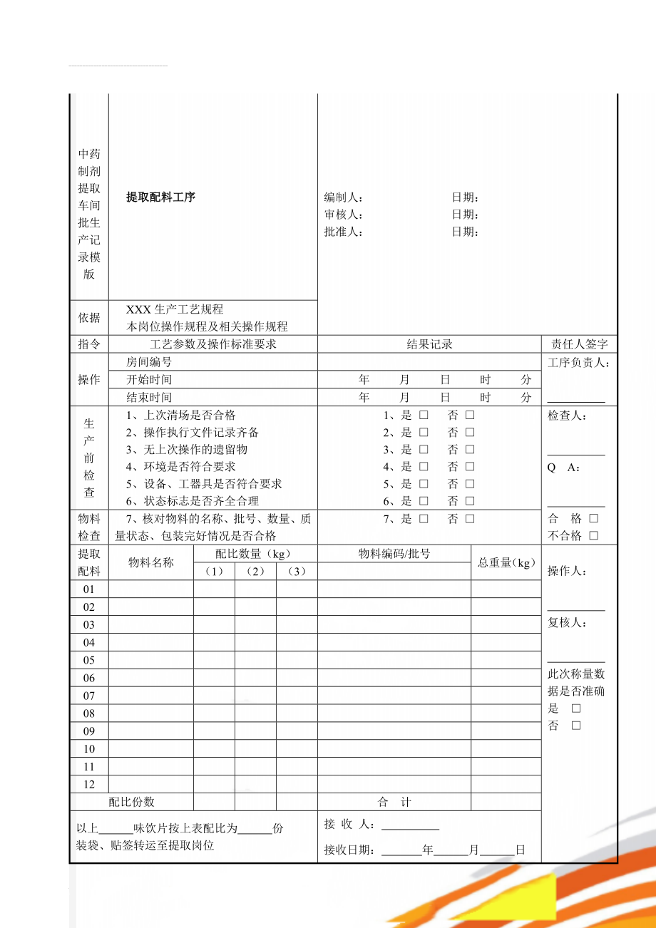 中药制剂提取车间批生产记录模版(14页).doc_第1页