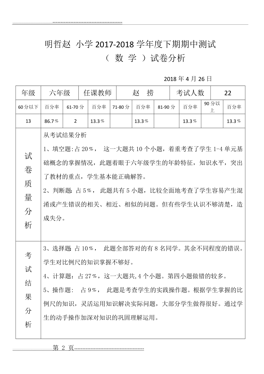 北师大版2017-2018学年度六年级 数学下期期中试卷分析(4页).doc_第2页