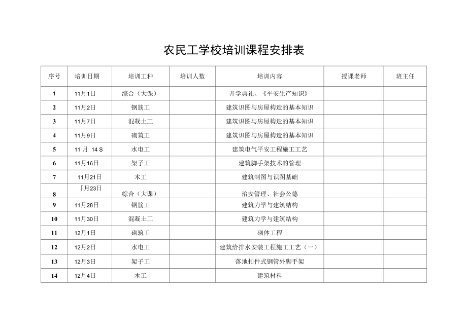 农民工学校课程安排.docx_第1页