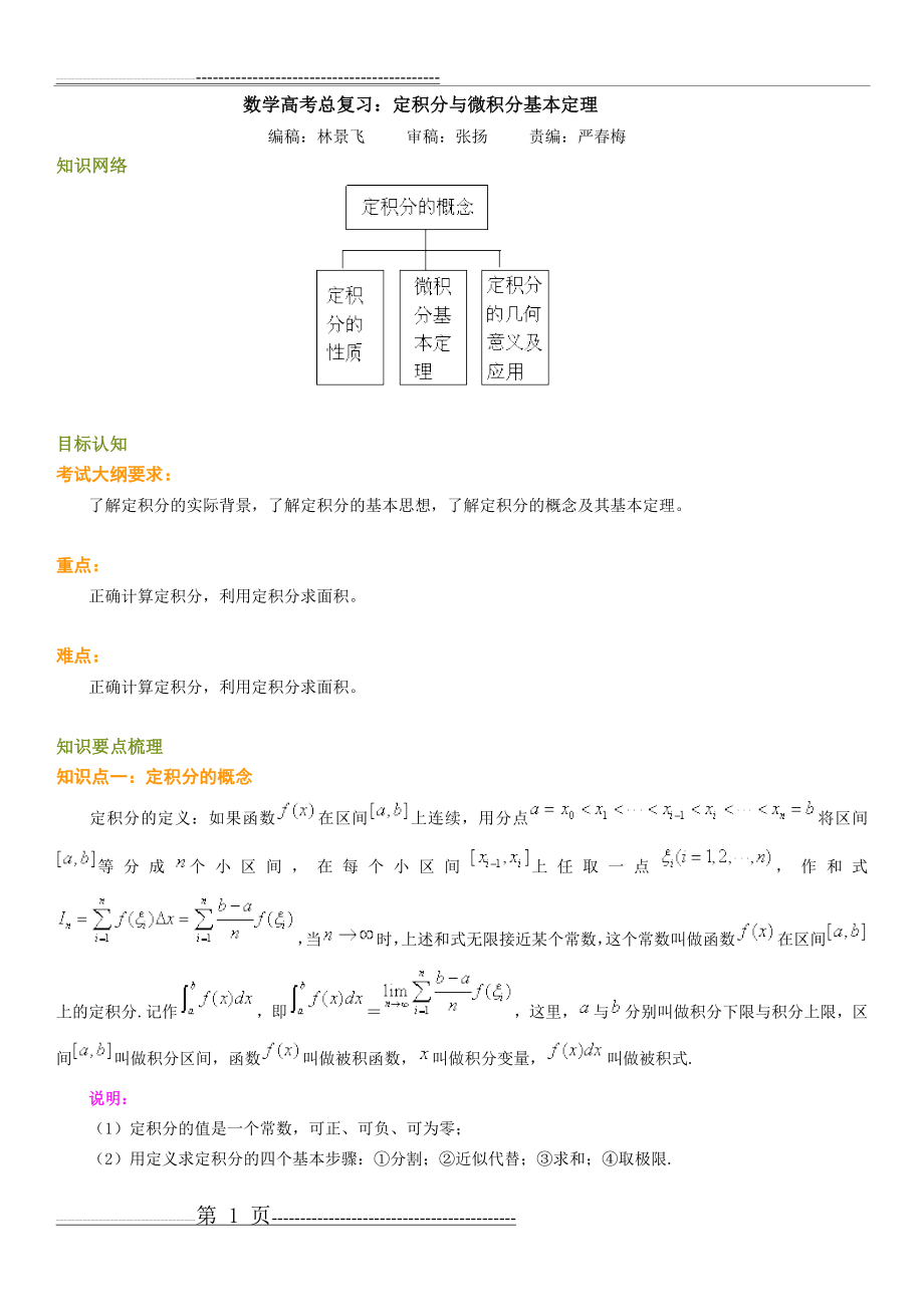 北京四中网校数学高考总复习：定积分与微积分基本定理(4页).doc_第1页