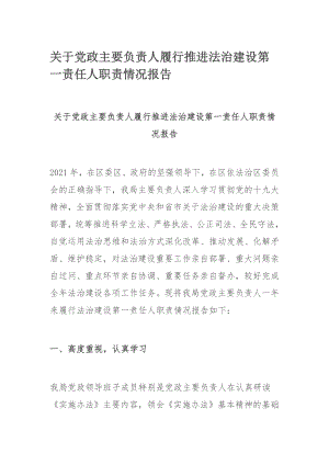 关于党政主要负责人履行推进法治建设第一责任人职责情况报告.docx