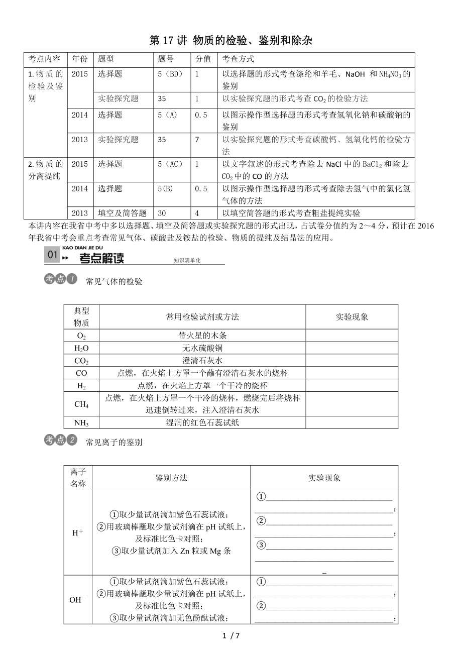 中考专题物质的检验鉴别和除杂剖析.doc_第1页