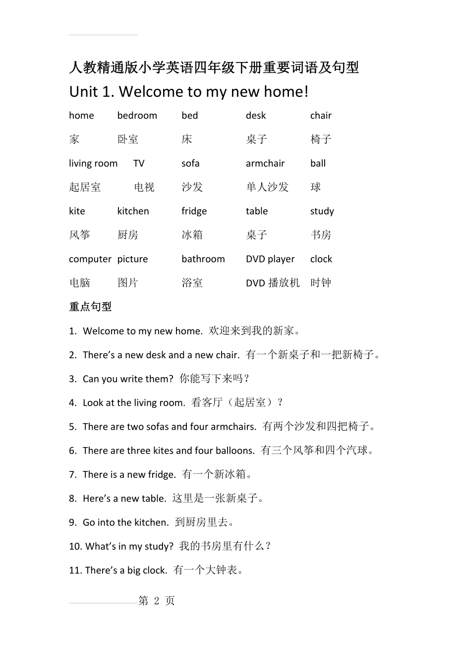 人教精通版小学英语四年级下册重点词语及句型(11页).doc_第2页