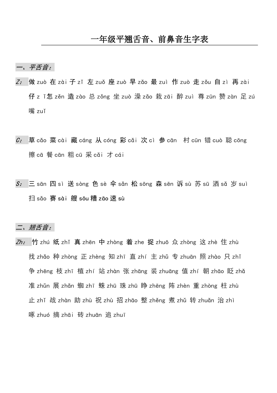 一年级平翘舌音前后鼻音生字表.docx_第1页